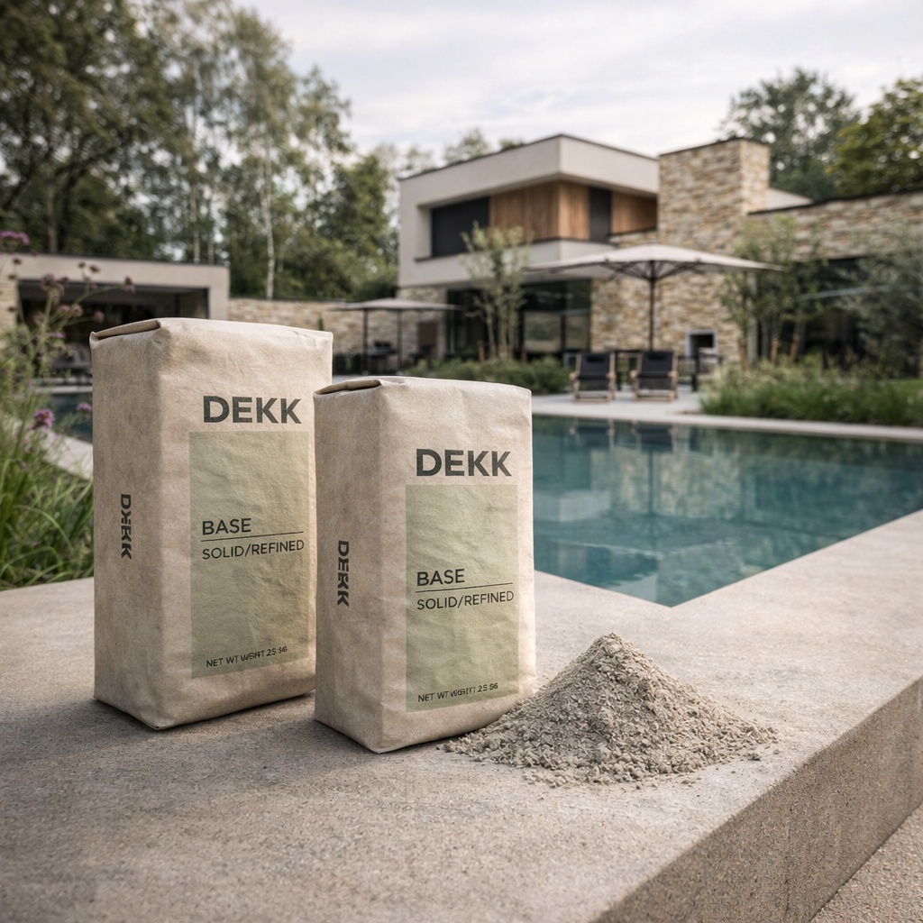 Bags of dekk in front of pool